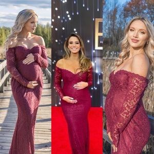 PinkBlush Burgundy Maroon Lace Off Shoulder Long Sleeve Maternity Maxi Dress
